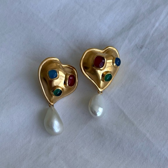 Missoma x Rouje Gold Heart Earrings with Pearl and Gem Accents - Picture 4 of 5